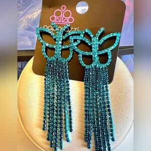 Teal Crystal Butterfly Fringe Earrings